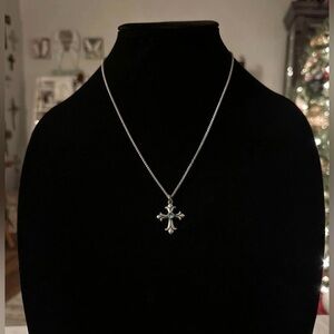 James Avery Retired Sterling Silver Fleuree Cross Pendant Blue Topaz Necklace